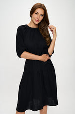 Cotton 3/4 Sleeve Tiered Midi Dress