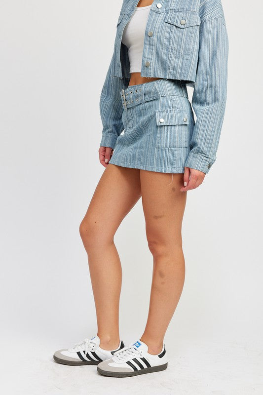 BELTED MINI DENIM SKIRT