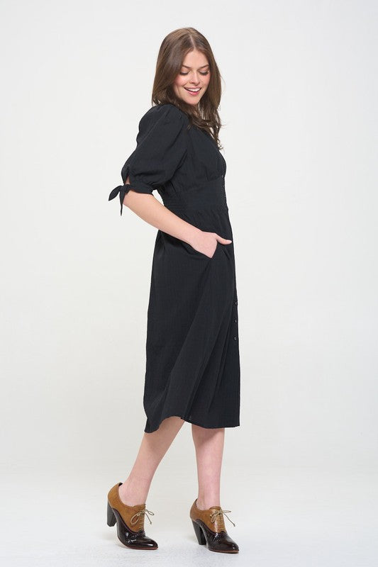 Women's 3/4 Puff Sleeve Texture V-Neck Button Down Midi Dress