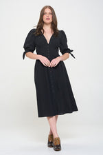 Women's 3/4 Puff Sleeve Texture V-Neck Button Down Midi Dress