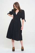 Women's 3/4 Puff Sleeve Texture V-Neck Button Down Midi Dress