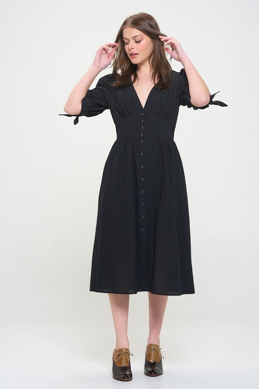 Women's 3/4 Puff Sleeve Texture V-Neck Button Down Midi Dress