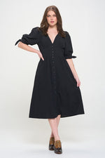 Women's 3/4 Puff Sleeve Texture V-Neck Button Down Midi Dress