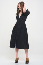 Women's 3/4 Puff Sleeve Texture V-Neck Button Down Midi Dress