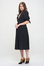 Women's 3/4 Puff Sleeve Texture V-Neck Button Down Midi Dress