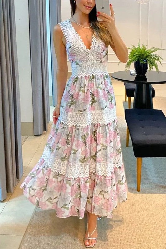 Women's Floral Laced Midi Sleeveless Dress