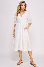 Women's 3/4 Puff Sleeve Texture V-Neck Button Down Midi Dress