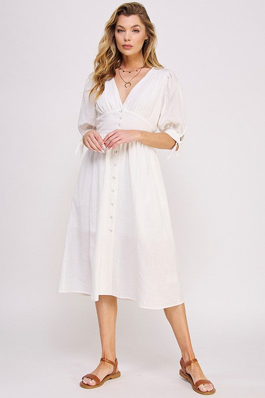 Women's 3/4 Puff Sleeve Texture V-Neck Button Down Midi Dress