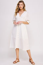 Women's 3/4 Puff Sleeve Texture V-Neck Button Down Midi Dress