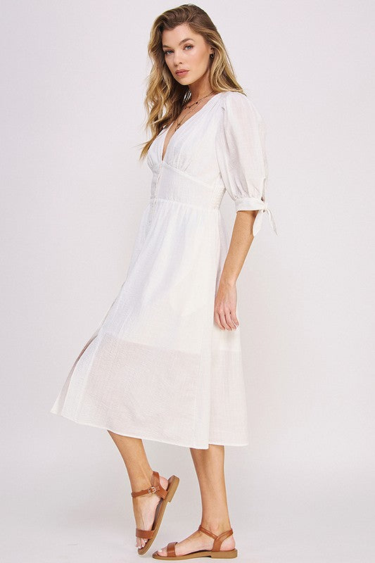 Women's 3/4 Puff Sleeve Texture V-Neck Button Down Midi Dress