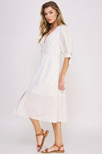 Women's 3/4 Puff Sleeve Texture V-Neck Button Down Midi Dress