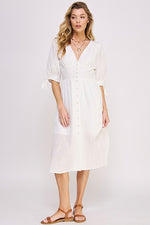 Women's 3/4 Puff Sleeve Texture V-Neck Button Down Midi Dress