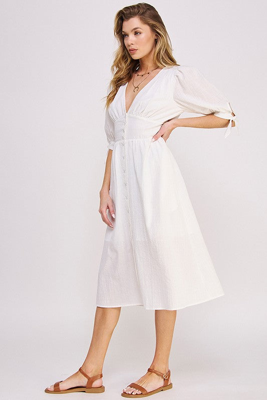 Women's 3/4 Puff Sleeve Texture V-Neck Button Down Midi Dress