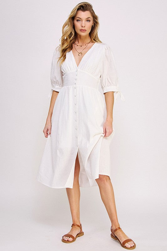 Women's 3/4 Puff Sleeve Texture V-Neck Button Down Midi Dress