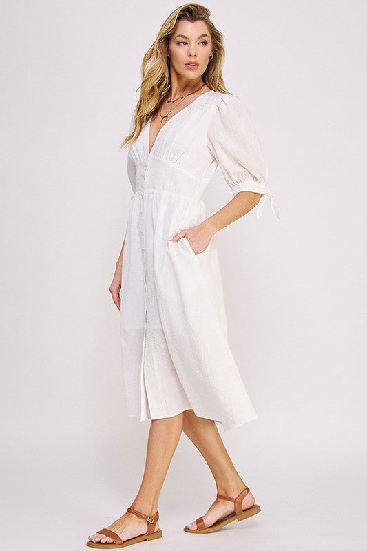 Women's 3/4 Puff Sleeve Texture V-Neck Button Down Midi Dress