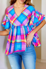 Colorful Plaid V Neck RuffledSleeve Babydoll Top