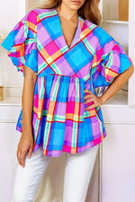 Colorful Plaid V Neck RuffledSleeve Babydoll Top