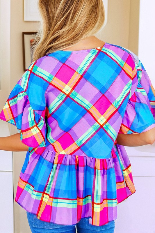 Colorful Plaid V Neck RuffledSleeve Babydoll Top