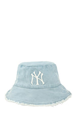 Distressed Denim NY Bucket Hat with Wired Brim