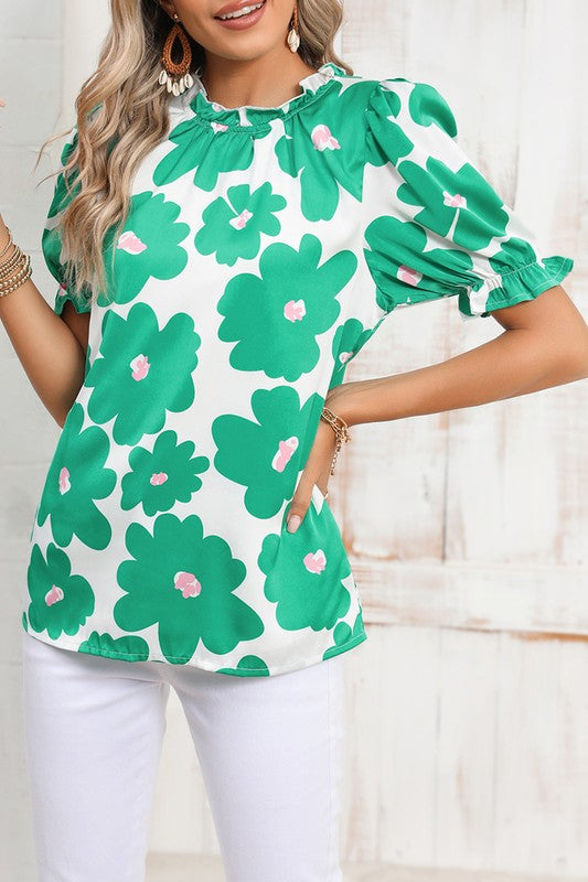 Floral Puff Sleeve Frill Neckline Blouse