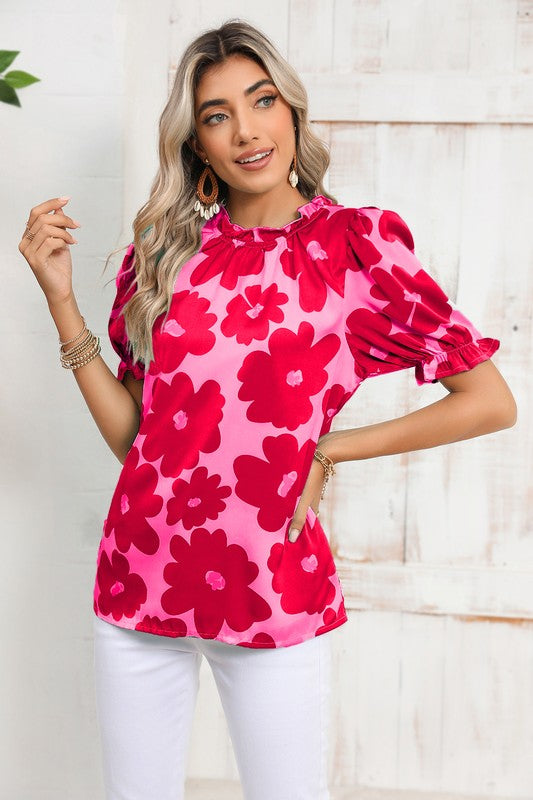 Floral Puff Sleeve Frill Neckline Blouse