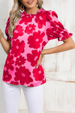 Floral Puff Sleeve Frill Neckline Blouse