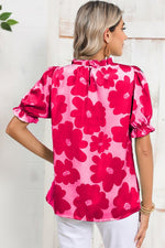 Floral Puff Sleeve Frill Neckline Blouse