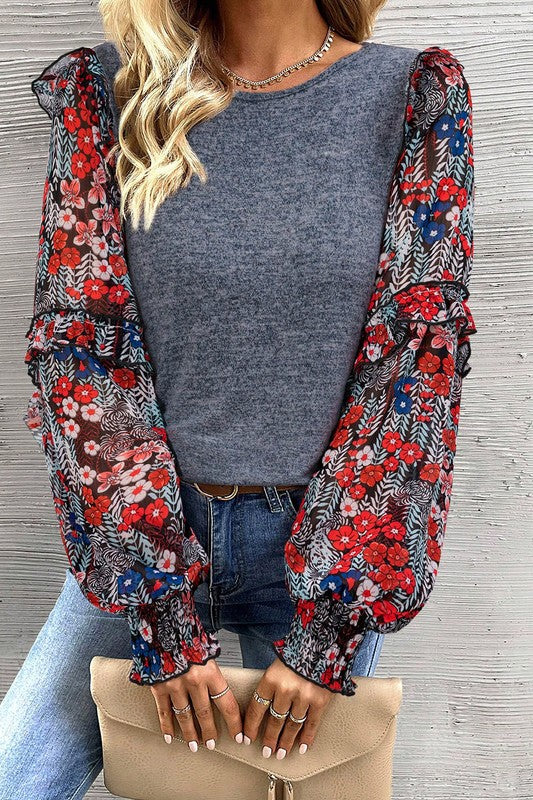 Ruffle Tiered Floral Sleeve Crew Neck Blouse