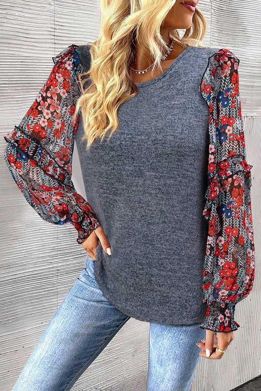 Ruffle Tiered Floral Sleeve Crew Neck Blouse