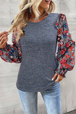 Ruffle Tiered Floral Sleeve Crew Neck Blouse