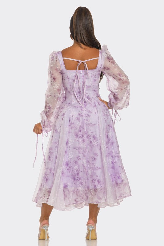 Women's Lavender Blossom Printed Puff Sleeve Midi Dress