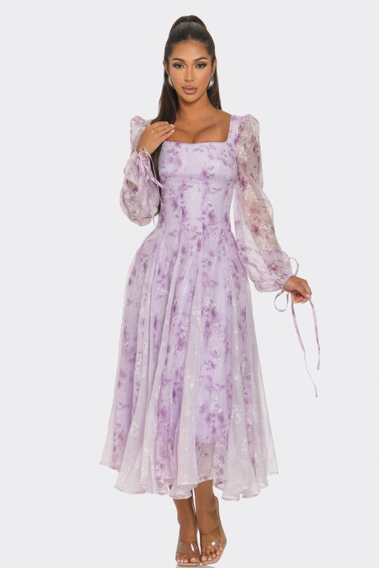 Women's Lavender Blossom Printed Puff Sleeve Midi Dress