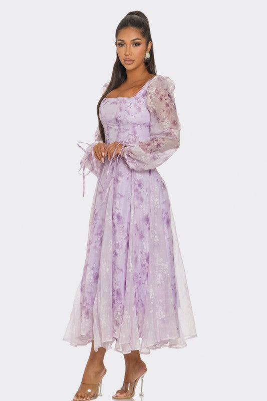 Women's Lavender Blossom Printed Puff Sleeve Midi Dress