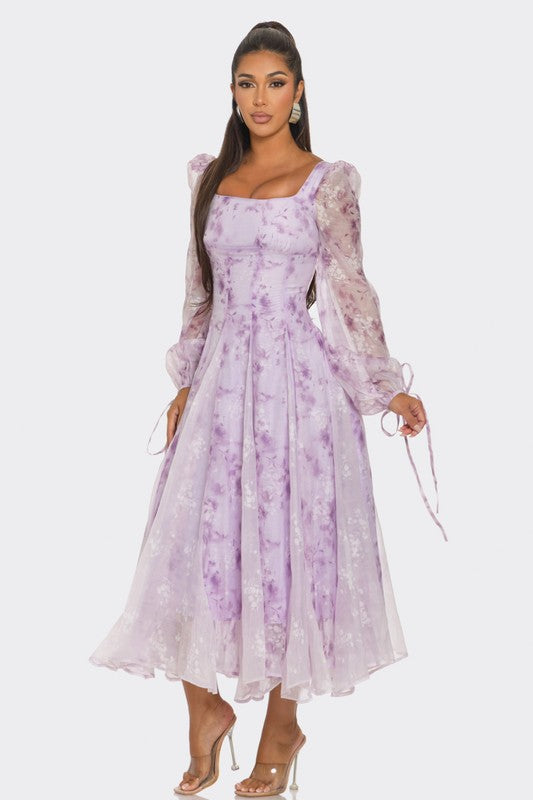 Women's Lavender Blossom Printed Puff Sleeve Midi Dress