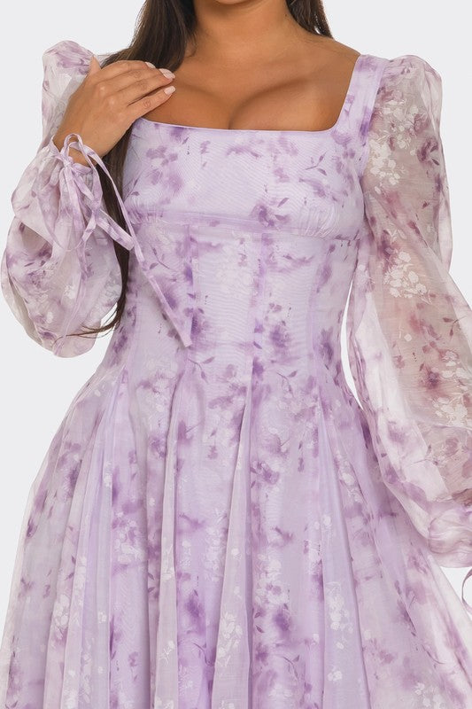 Women's Lavender Blossom Printed Puff Sleeve Midi Dress