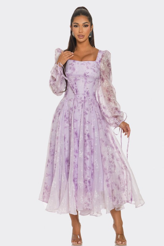 Women's Lavender Blossom Printed Puff Sleeve Midi Dress