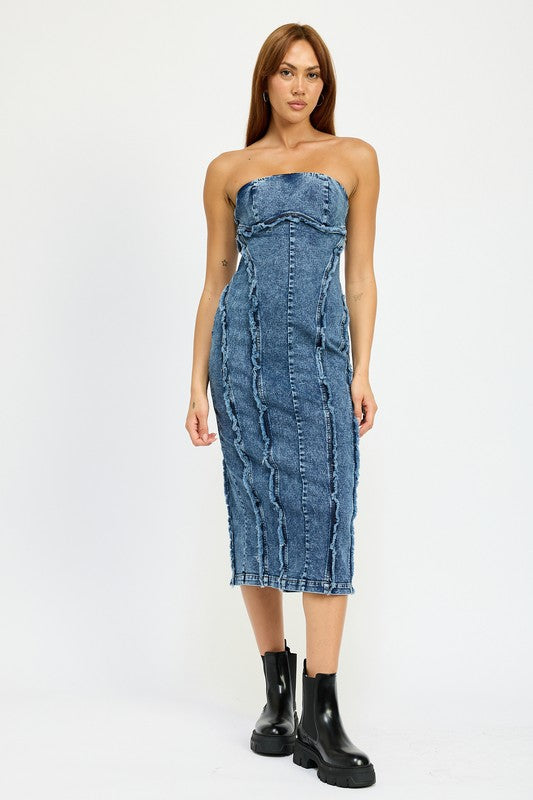 Tube Frayed Seam Midi Dress