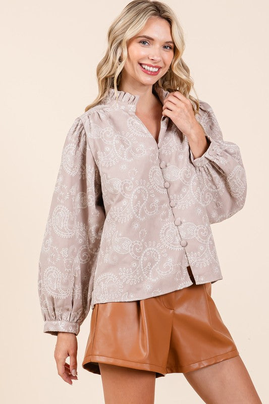 Women's Plus Size Paisley Eyelet Laced Button-Up Blouse