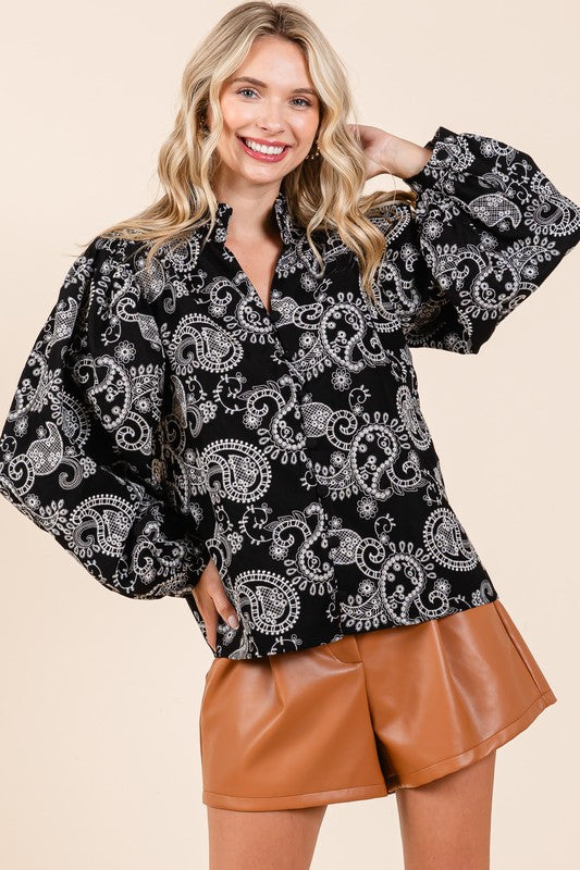 Women's Plus Size Paisley Eyelet Laced Button-Up Blouse