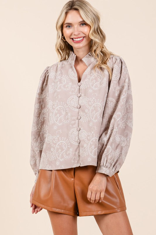 Women's Plus Size Paisley Eyelet Laced Button-Up Blouse