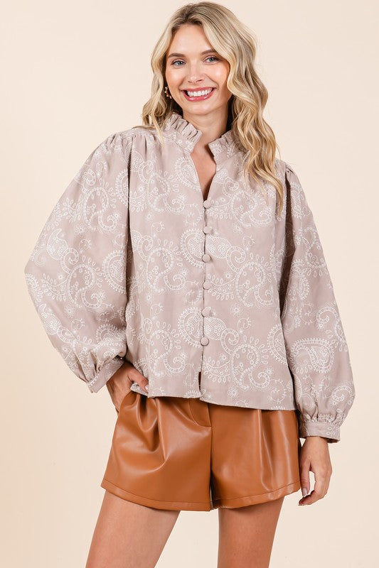 Women's Plus Size Paisley Eyelet Laced Button-Up Blouse