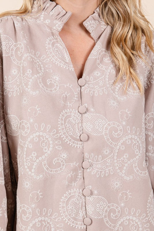 Women's Plus Size Paisley Eyelet Laced Button-Up Blouse