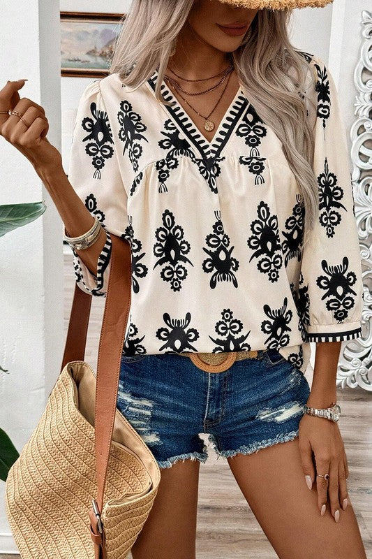 Ethnic Abstract Print Puff Sleeve V Neck Blouse