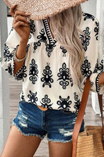 Ethnic Abstract Print Puff Sleeve V Neck Blouse