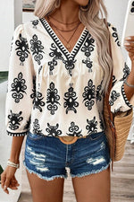 Ethnic Abstract Print Puff Sleeve V Neck Blouse