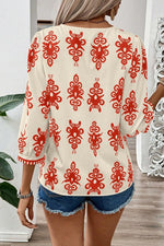 Ethnic Abstract Print Puff Sleeve V Neck Blouse