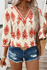 Ethnic Abstract Print Puff Sleeve V Neck Blouse