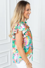 Women Ruffle Tie Split Neck Summer Floral Blouse