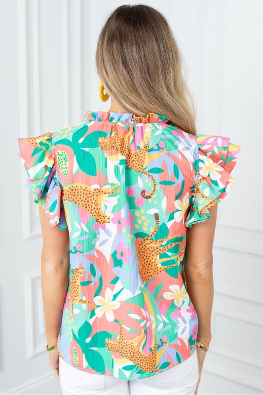 Women Ruffle Tie Split Neck Summer Floral Blouse