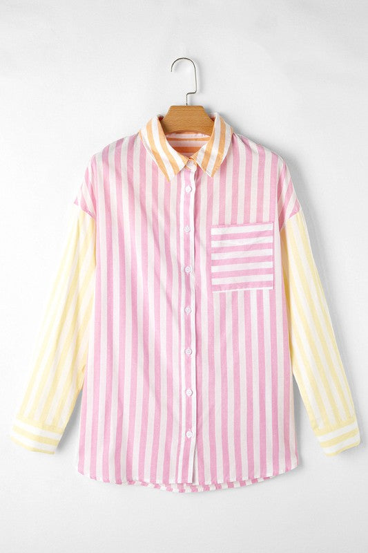 Women Stripe Collar Long Sleeve Patchwork Shirt